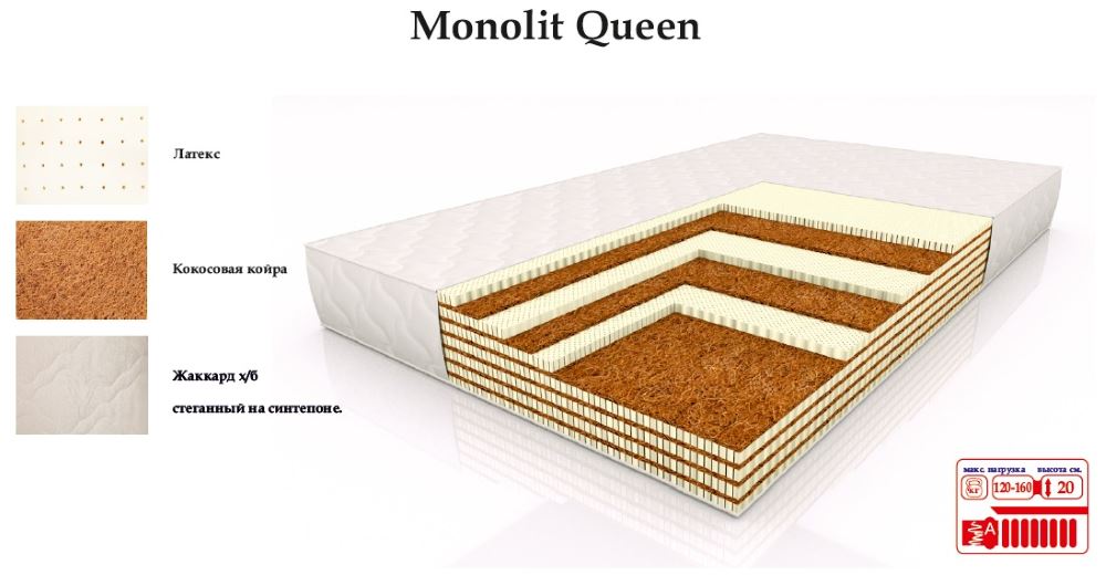 Фото Матрас Монолит Квин (Monolit Queen) в Крыму по цене 28 630 ₽ от производителя DOORсон , код товара 2000001443965, 2000001443972, 2000001443989, 2000001443996, 2000001444009, 2000001444016, 2000001444023, 2000001444030, 2000001444047, 2000001444054, 2000001444061, 2000001444078, 2000001444085, 2000001444092, 2000001444108, 2000001444115, 2000001444122, 2000001444139 шт Фото Матрас Монолит Квин (Monolit Queen) от производителя DOORсон  в Крыму по цене 28 630 ₽