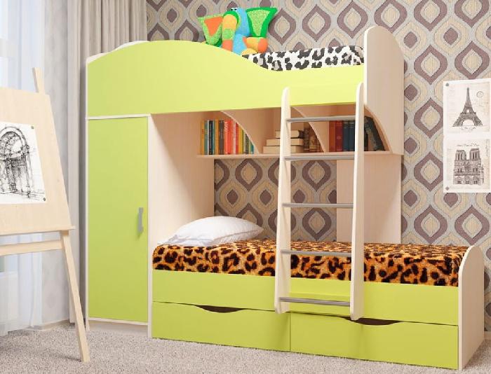 Детский набор-комплект Жемчужина ( СМ 80х180) ( 80х180 , ЛДСП , дуб молочный/лайм зеленый , без матраса (Пирамида) ) Детский набор-комплект Жемчужина ( СМ 80х180) ( 80х180 , ЛДСП , дуб молочный/лайм зеленый , без матраса (Пирамида) )